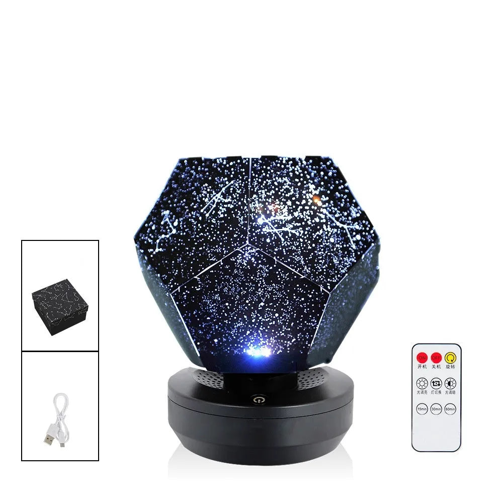 LED star projector showing constellation projection on bedroom ceiling with remote control