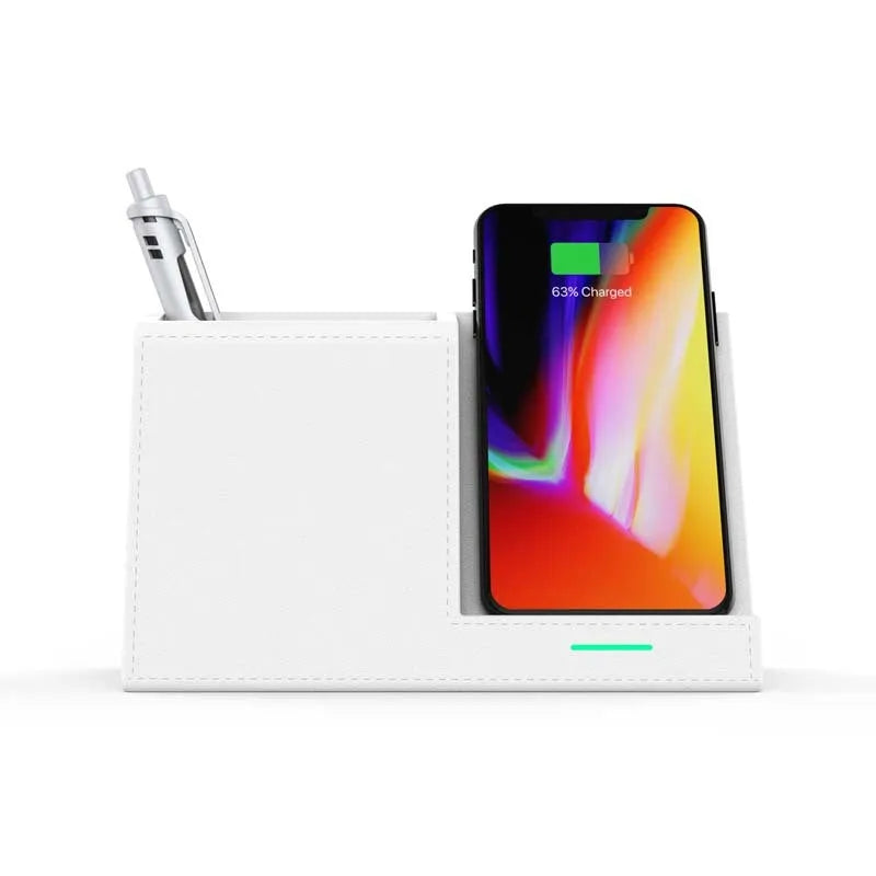 Leather wireless charging station with pen holder organiser for desk phone charging