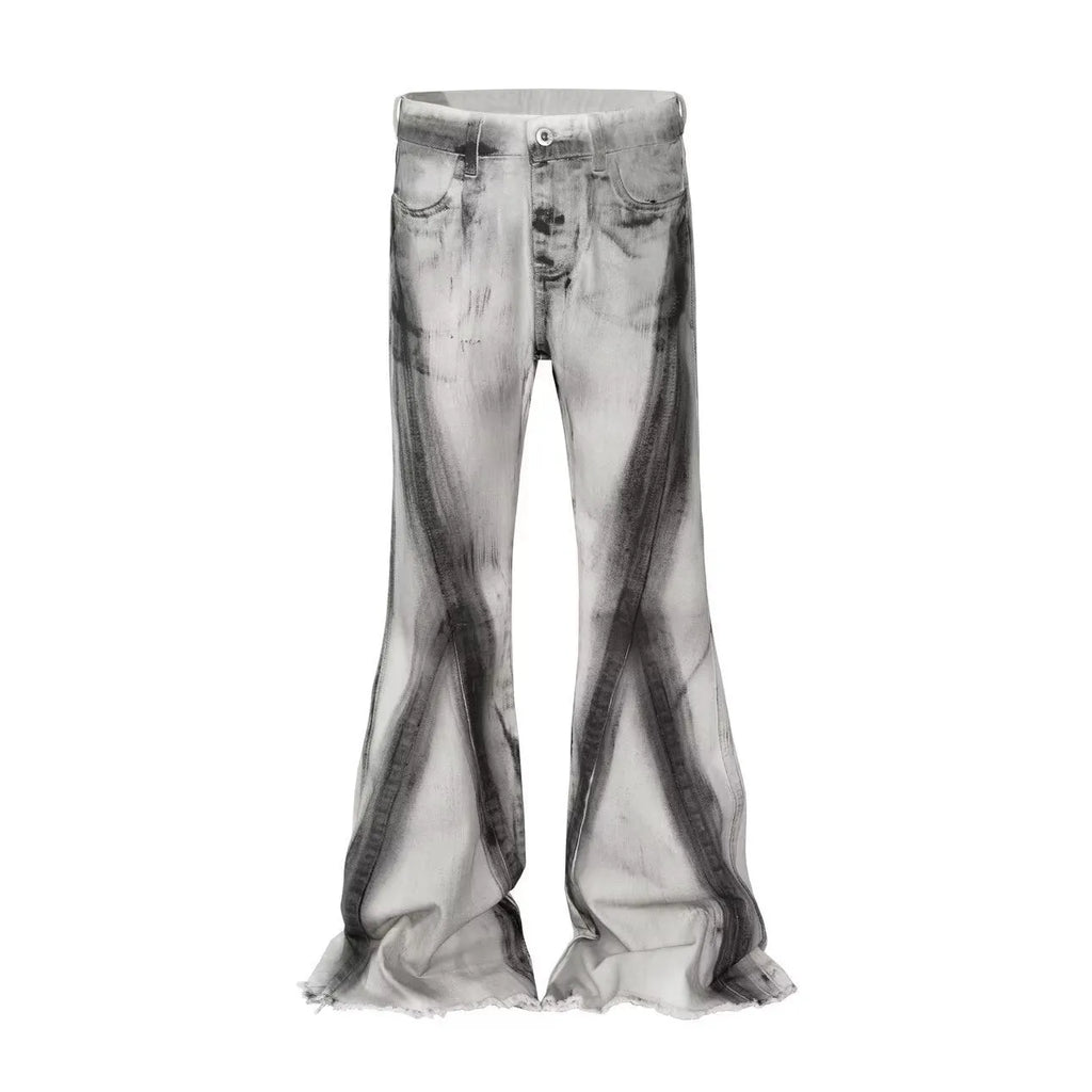 Retro heavy rough selvedge jeans in black ribbon gradient wash with straight leg and zip fly