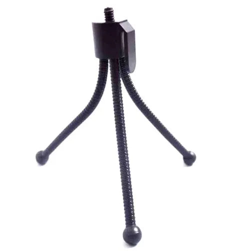 Small black iron frame mini tripod with ball head, shown collapsed to 110mm next to a mobile phone.