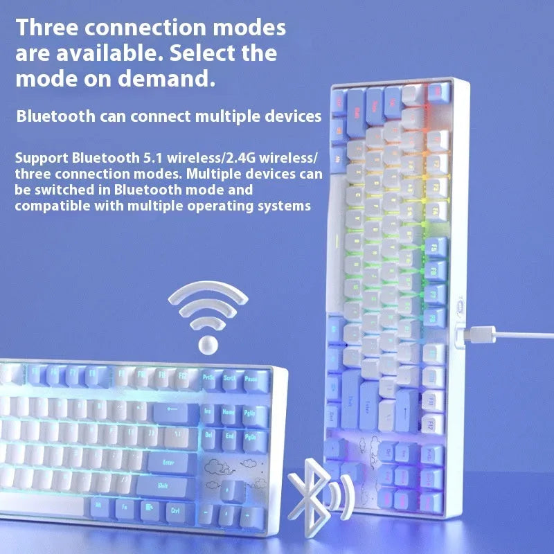 Wireless Bluetooth mechanical keyboard with metal construction in blue or purple colour options