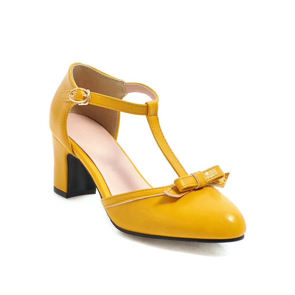 Women's solid colour sandals with chunky 6.5cm heel, buckle strap, and bow detail