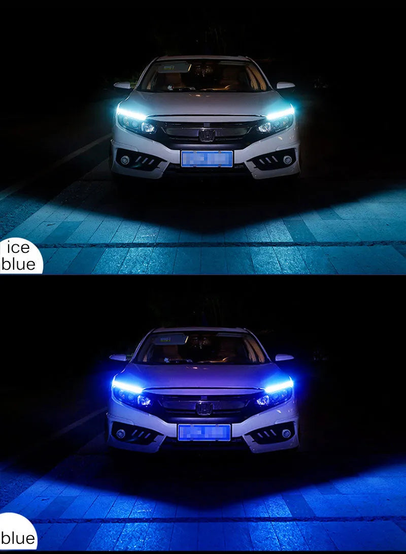 Flexible silicone car LED daytime running light strip with flowing turn signal animation mounted on headlight.