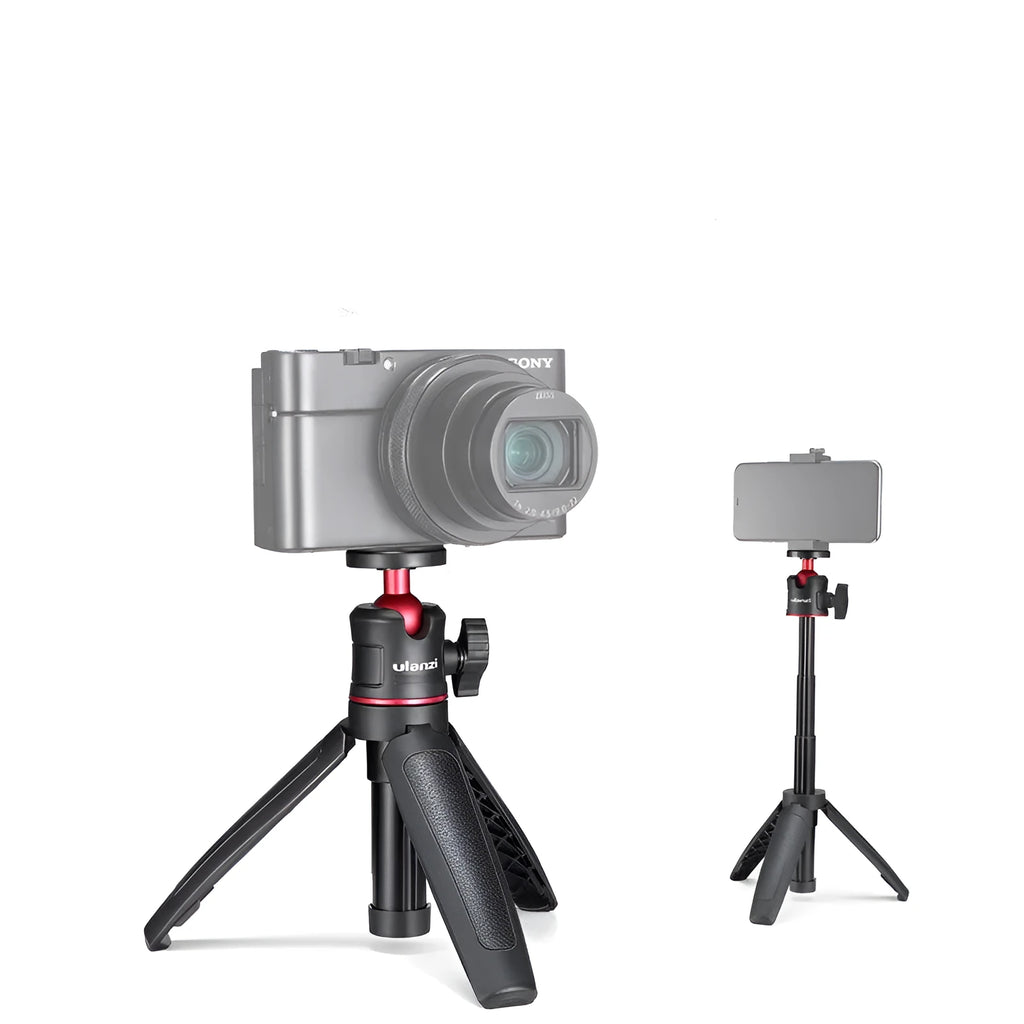 Compact camera desktop tripod mini extension selfie stick in black red, compatible with iPhone and DJI action camera