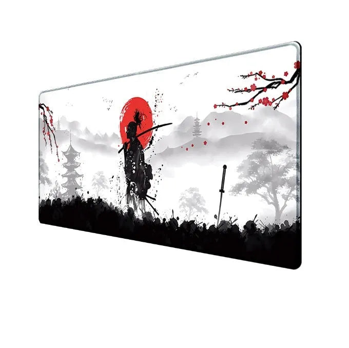 Japanese samurai design cloth gaming mouse pad on a desk, showing non-slip base and thermal transfer print detail.