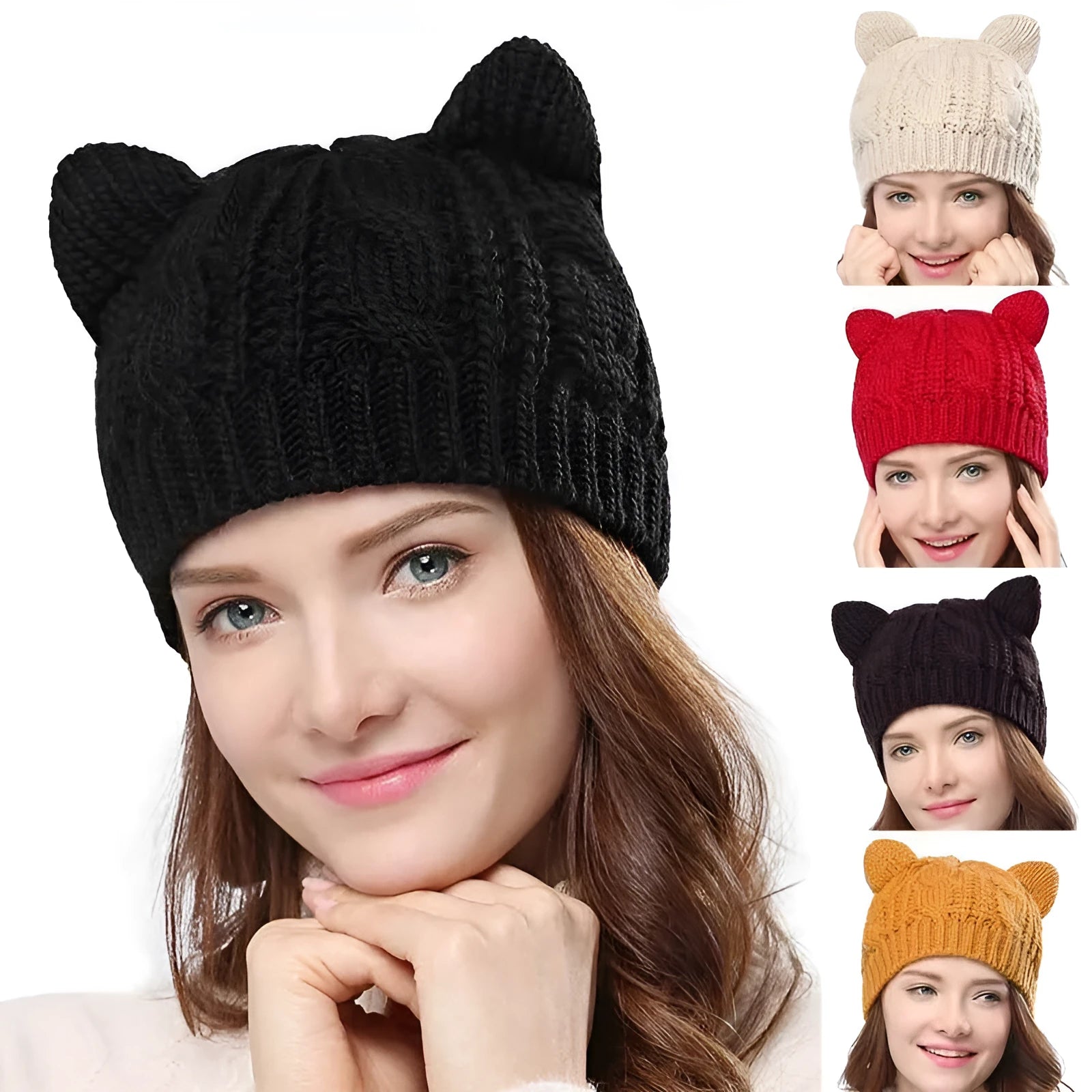 Handmade red knitted beanie with 3D cat ears on a white background