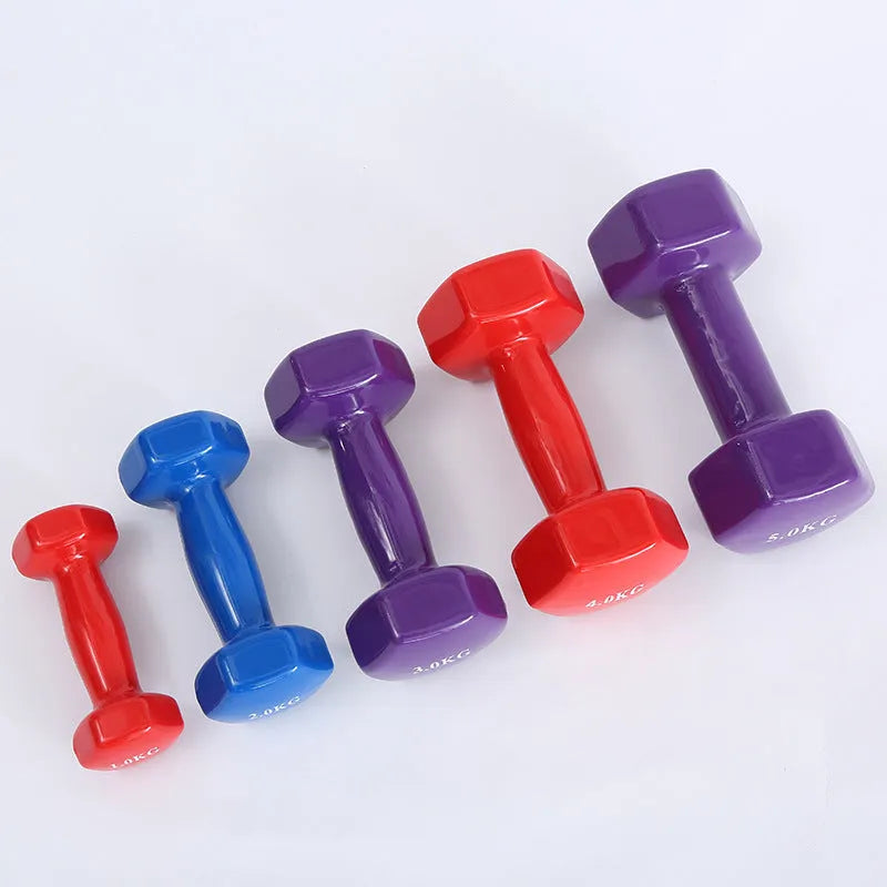 Colourful plastic fitness dumbbells in bright colours with glossy surface for home exercise