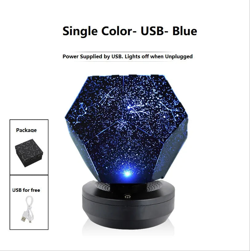 LED star projector showing constellation projection on bedroom ceiling with remote control