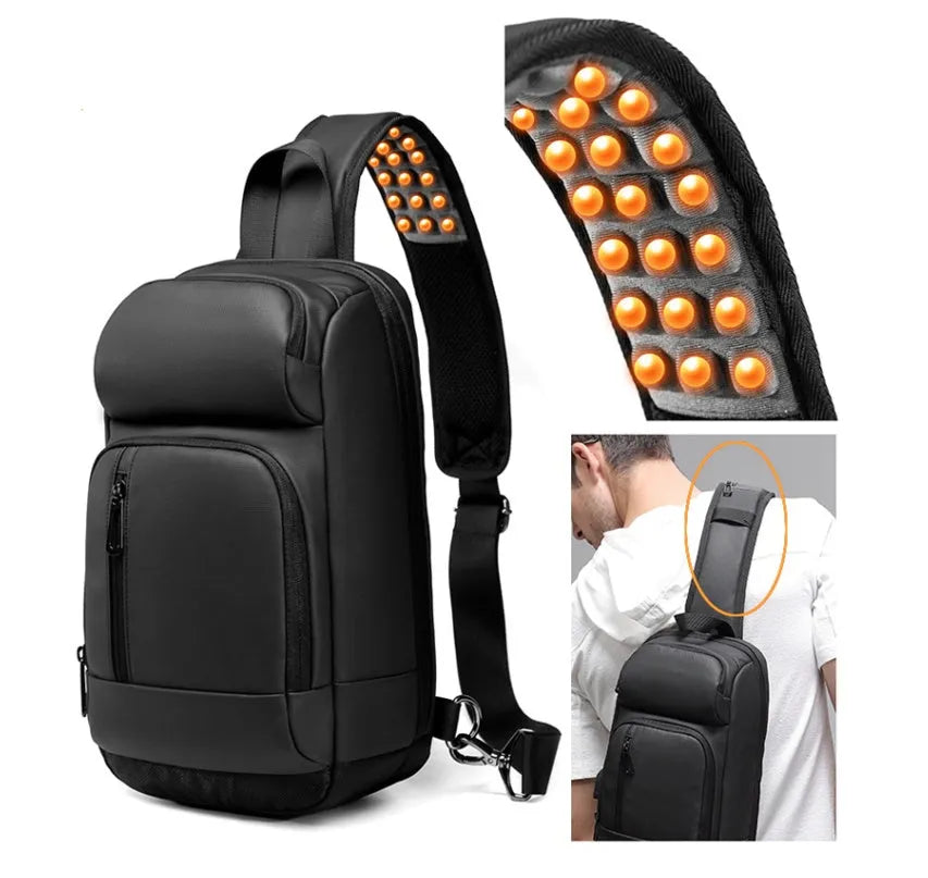 Black PVC outdoor leisure shoulder bag with internal organiser pockets and air cushion strap