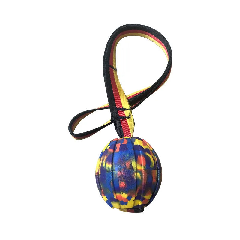 Floating EVA tether ball for dogs in camouflage or yellow colour with three diameter size options