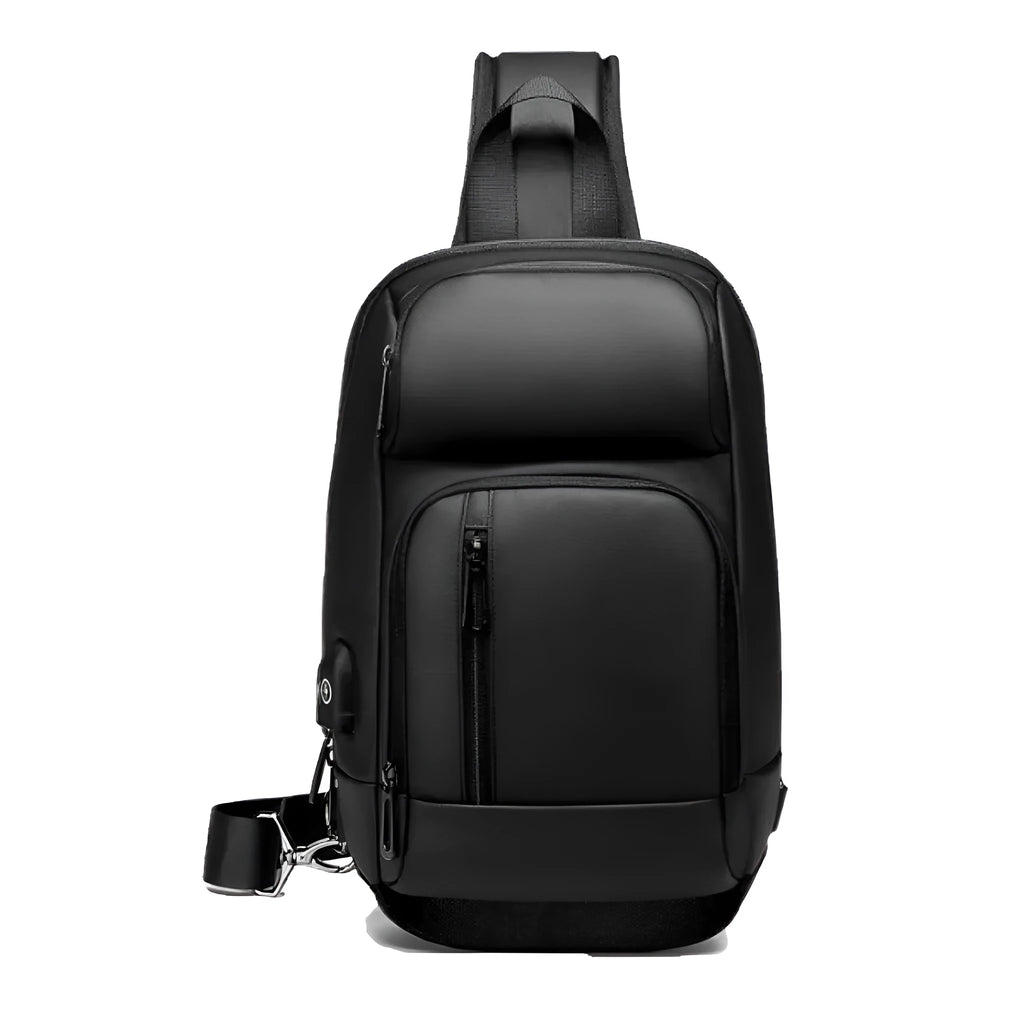 Black PVC outdoor leisure shoulder bag with internal organiser pockets and air cushion strap