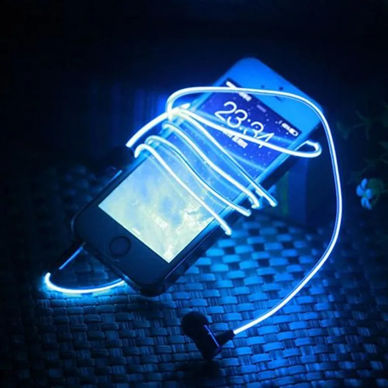 Blue light-up LED earphones with aluminium shells, remote control, and 3.5mm plug on a white background.