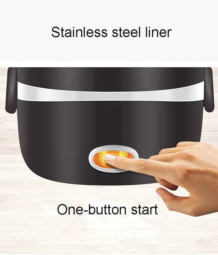 A compact cubic USB-powered lunch box showing two-layer and three-layer capacity options for portable food heating.