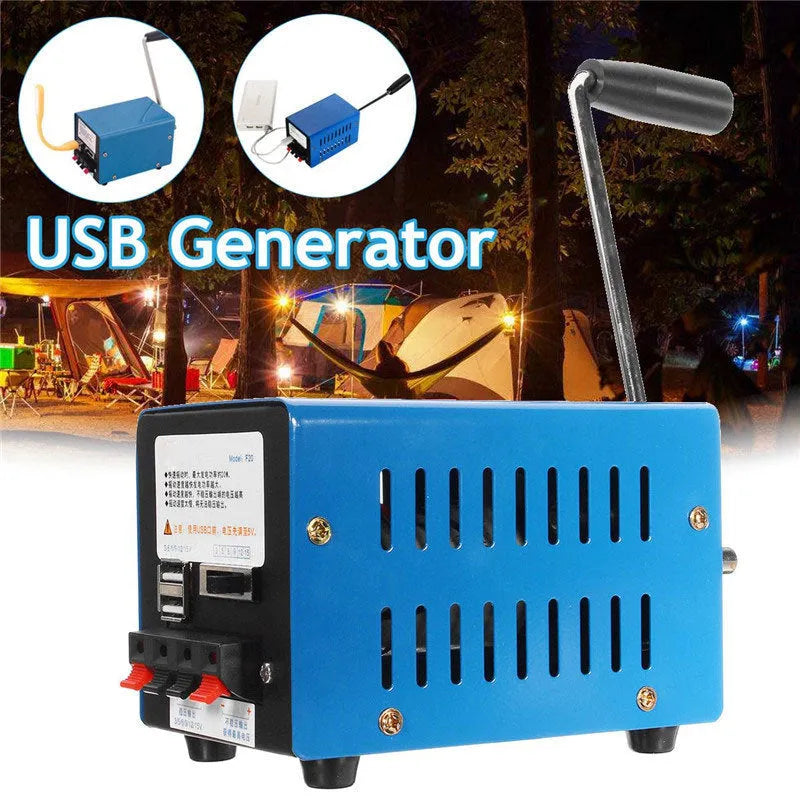 Blue metal hand crank USB emergency power generator showing handle and output ports