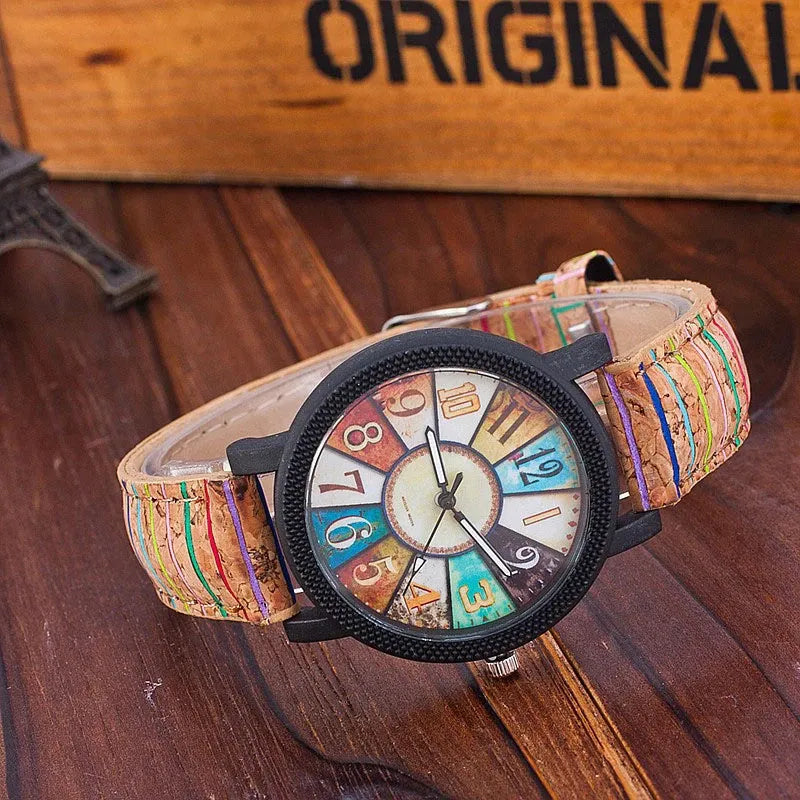 Women's vintage leather quartz wrist watch with 37mm round dial and stainless steel buckle