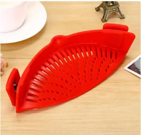 Silicone clip-on pot funnel strainer with stainless steel insert for draining liquids