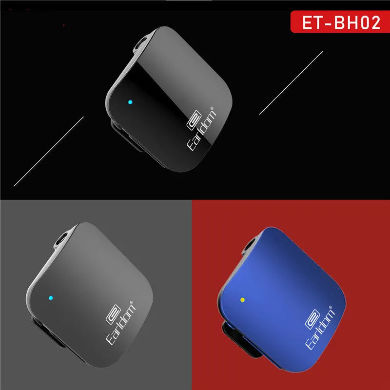 Bluetooth lavalier audio receiver with wireless headphones showing colour options black, grey, red