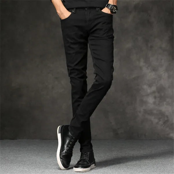 Slim-fit stretch cotton men's pants in black, laid flat showing tight cut and full length