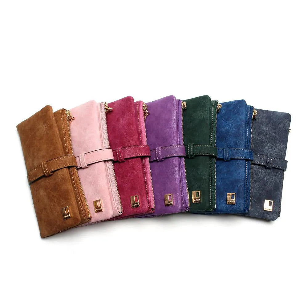Korean retro matte leather women's long wallet open to show internal organisation compartments