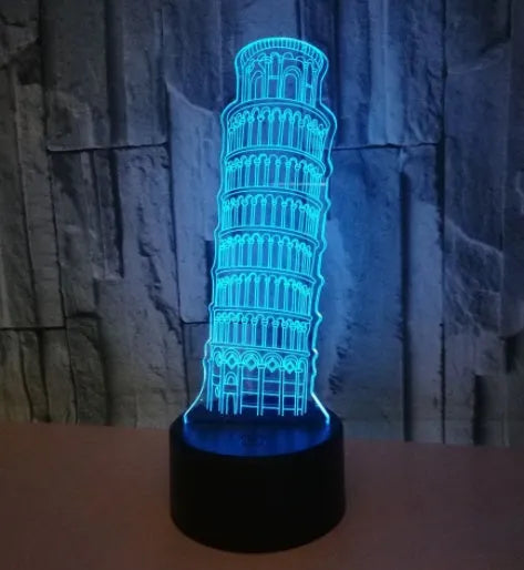Leaning Tower of Pisa 3D acrylic nightlight glowing in blue on a black ABS base