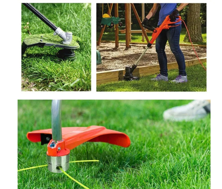Lawn mower replacement trimmer line pack with silver aluminium head and four light yellow cutting strings