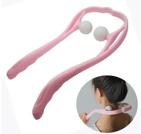 Blue plastic hand-held neck massager with adjustable rollers on a flexible stand.