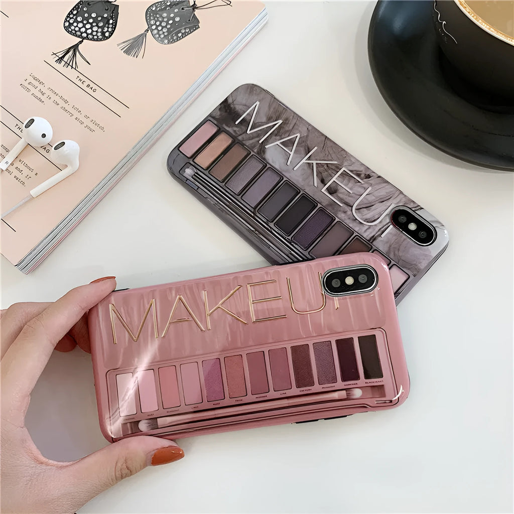 Silicone iPhone case with an eye shadow pattern design in flesh and grey colour options.
