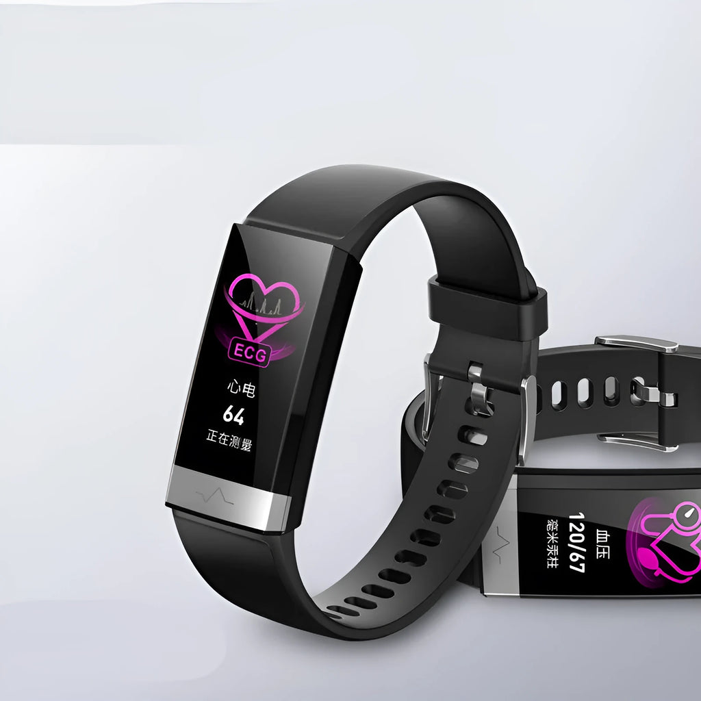 V19 smart health tracker bracelet with colour screen, shown in black, blue, and red colour options.
