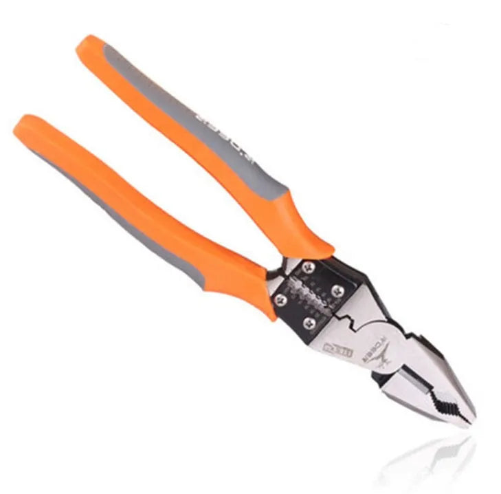 Orange handled multi-function wire cutter pliers with chrome steel jaws on a workbench.
