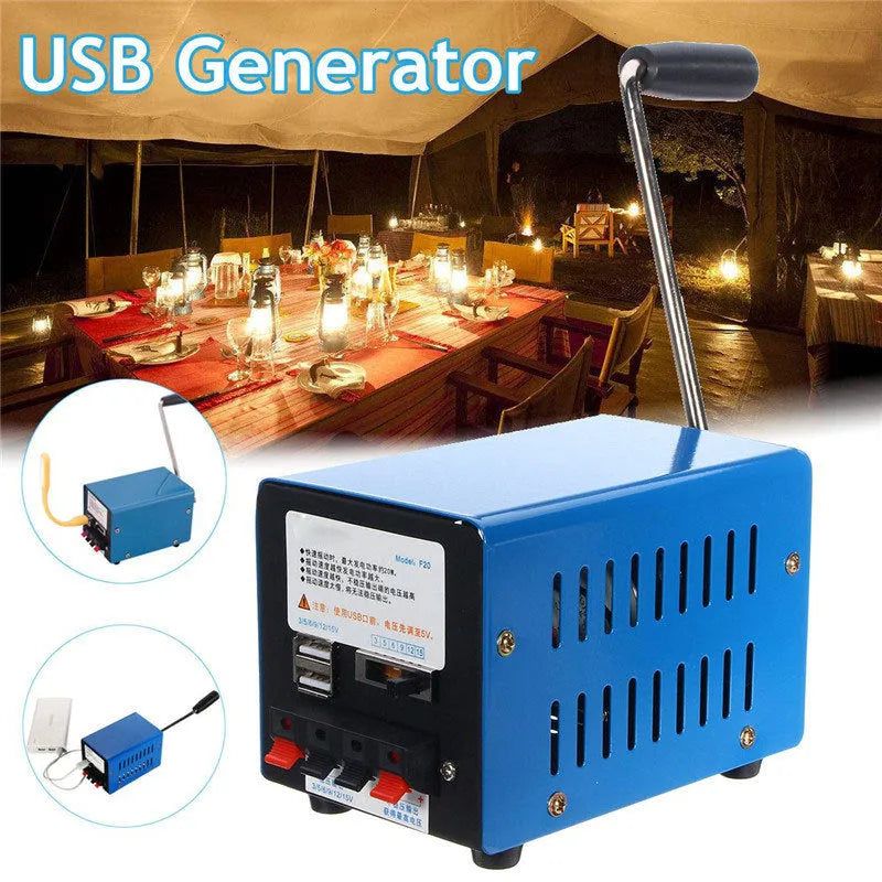 Blue metal hand crank USB emergency power generator showing handle and output ports