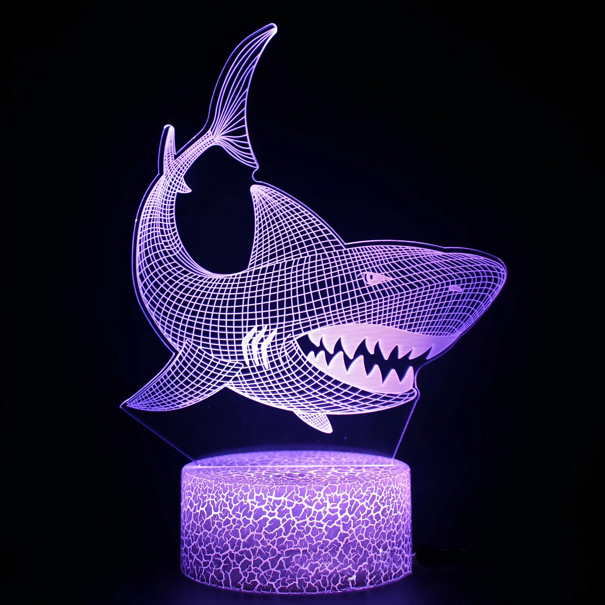 Shark-shaped 3D LED table lamp with colourful light, touch-sensitive base, and remote control.
