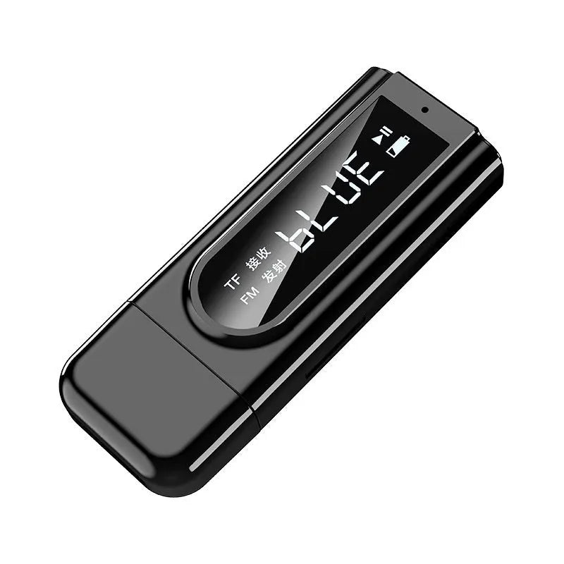 Black USB car FM Bluetooth transmitter and receiver for wireless music and hands-free calls.