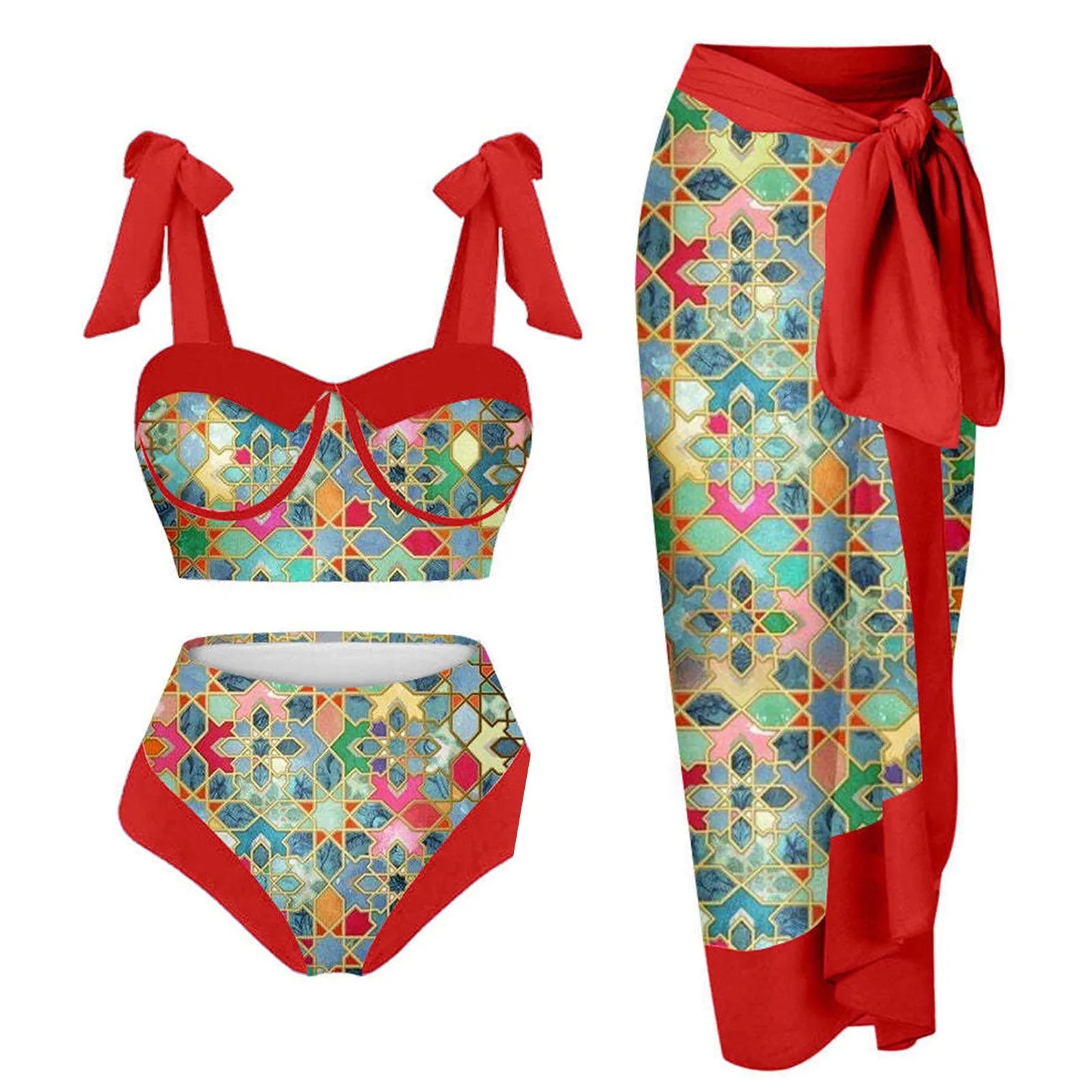 Women's pink printing split swimsuit three-piece set with skirt, bra, and panties on a mannequin.