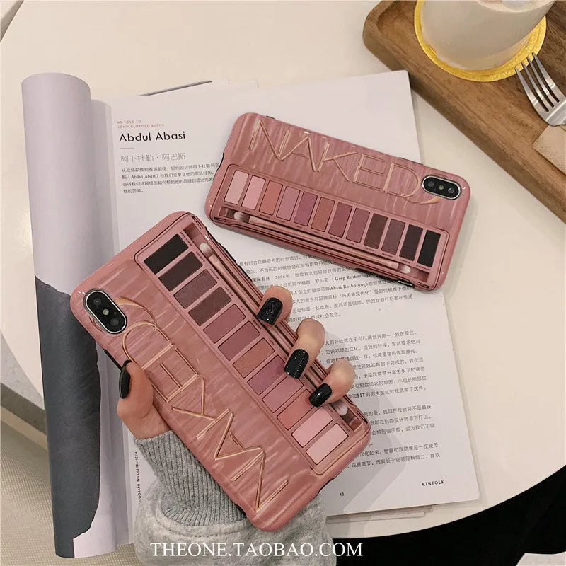 Silicone iPhone case with an eye shadow pattern design in flesh and grey colour options.