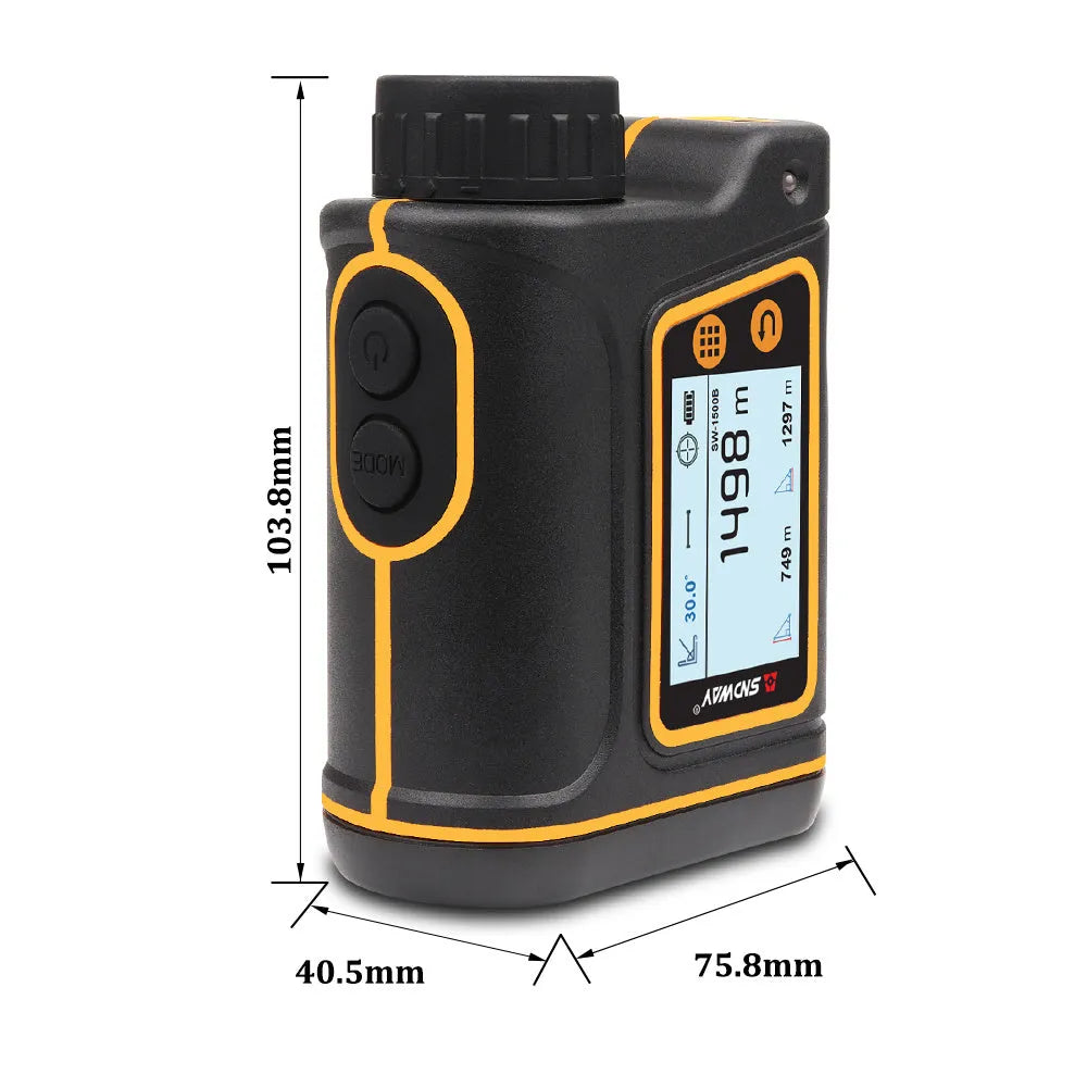 Handheld golf laser rangefinder device showing compact design for distance measurement.