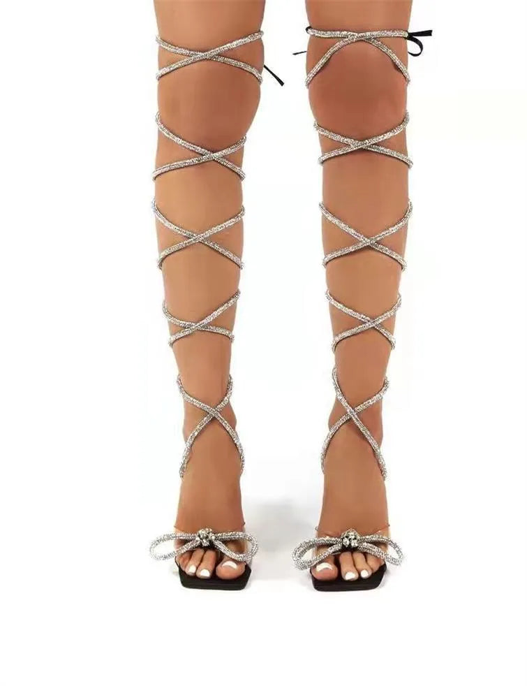 Plus size women's strappy sandals with rhinestone detailing and square toe in black, beige, and colourful options