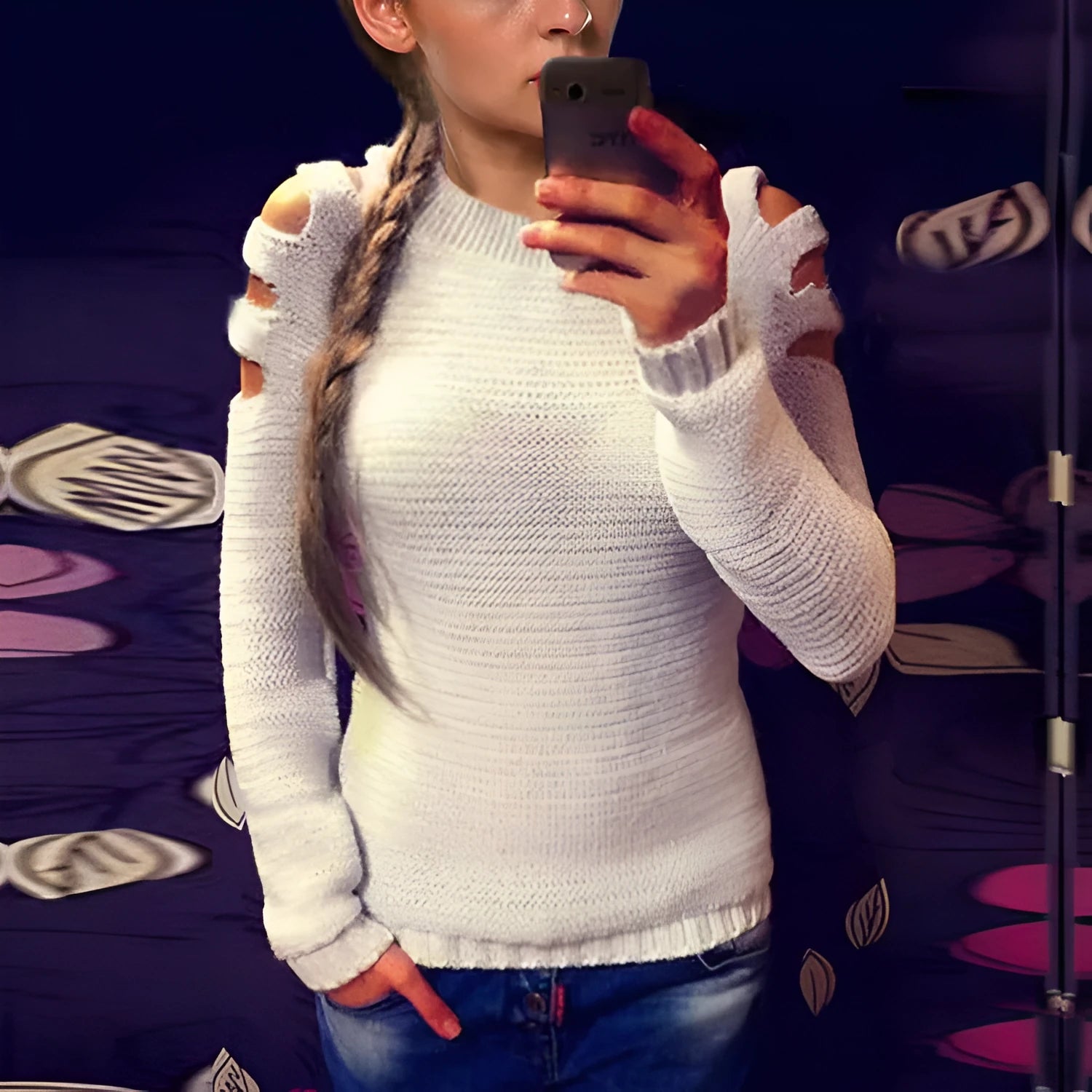 Women's white crocheted hollow-out long-sleeved pullover shirt with round neckline