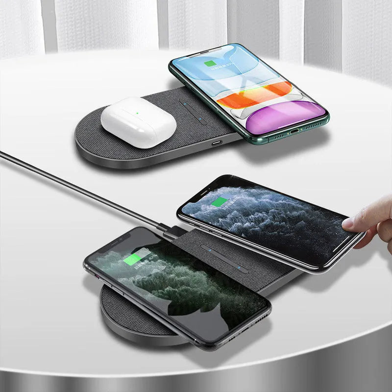 Black dual wireless charging station showing two smartphone charging pads with indicator lights
