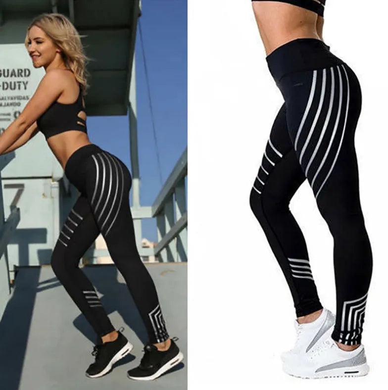 Women's black workout leggings with night glowing print and high-waist design