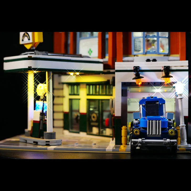 Plastic MOC model LED lighting accessory parts in a corner repair shop theme.