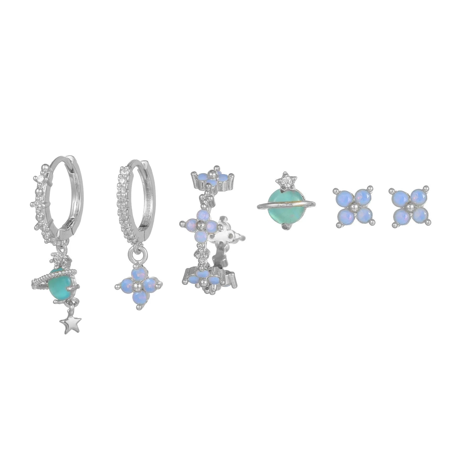 Gold and silver flower stud earrings with blue zircon mosaic accents in Japanese Korean style