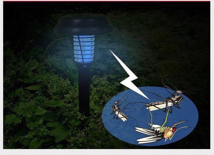 Black solar insect killing lamp with white and purple LED lights for garden mosquito control