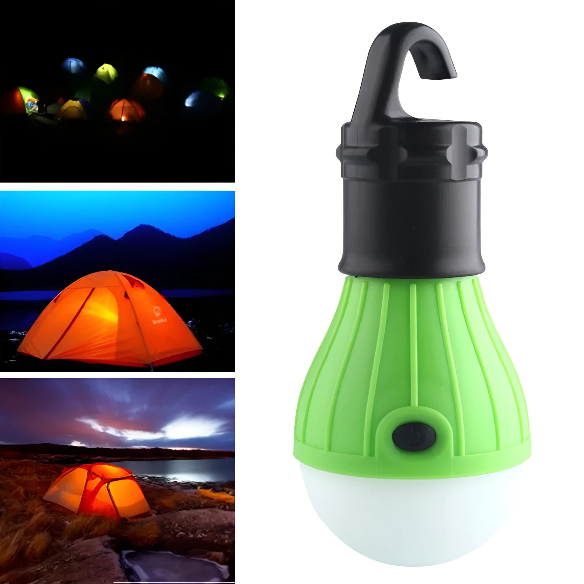 Blue portable LED camping light with a hanging hook, showing scale against a ruler.