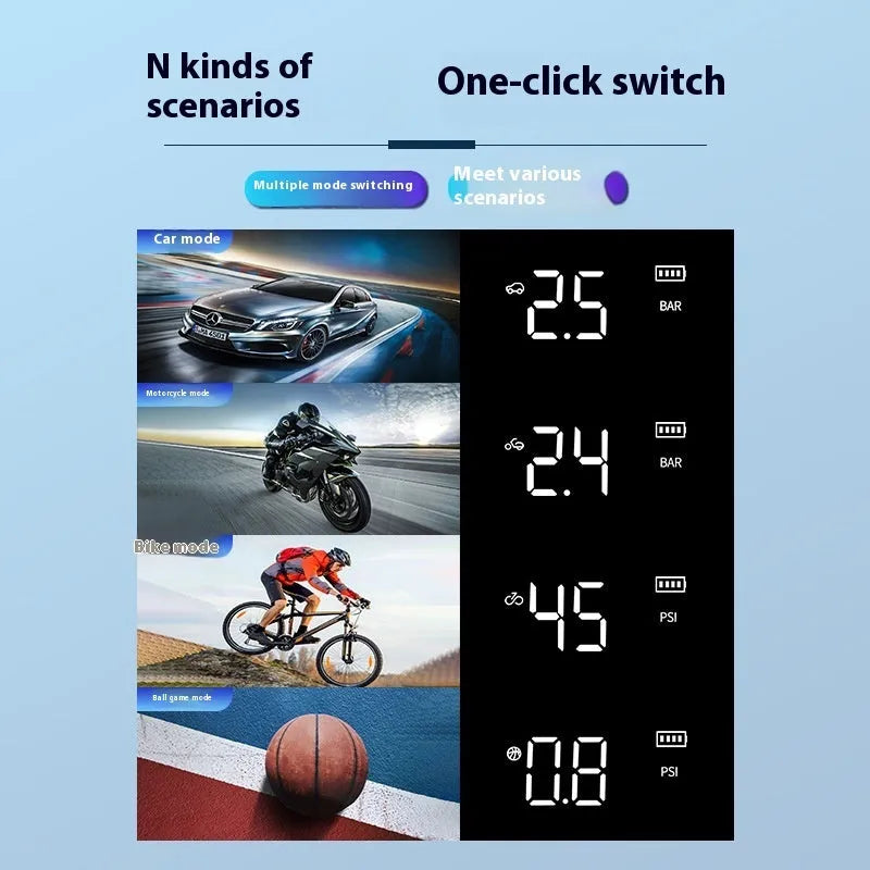 Mini wireless handheld air pump with power bank and flashlight for car and bike tyre inflation