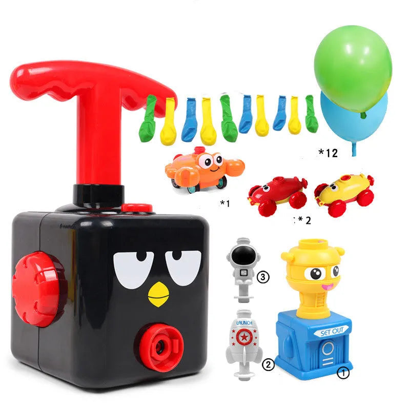 Balloon launch tower toy car with inflated balloon on a white surface