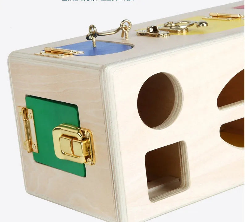 Wooden educational shape lock box toy with 12 wooden shapes for preschool children.