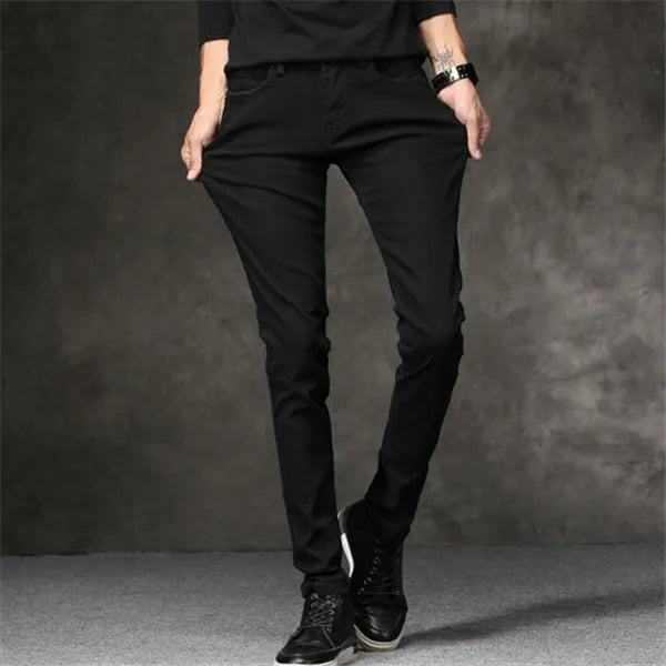 Slim-fit stretch cotton men's pants in black, laid flat showing tight cut and full length