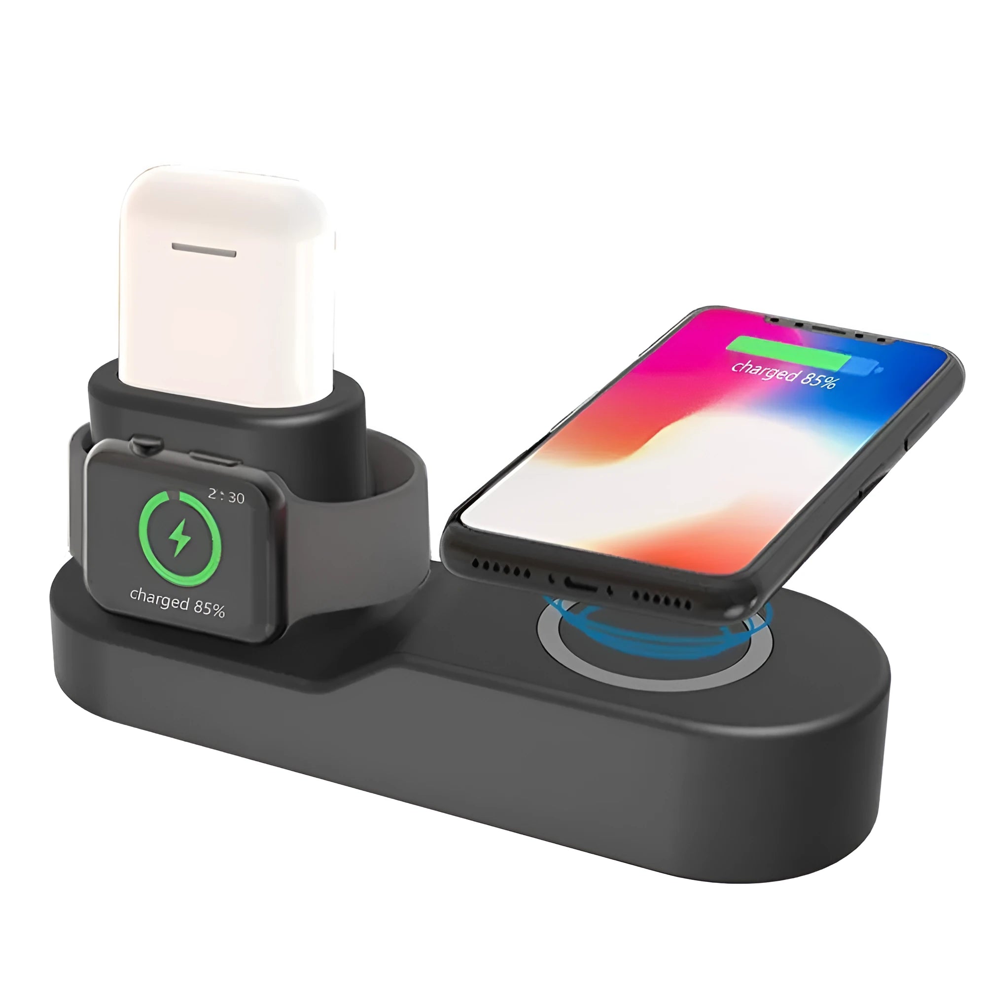Black and white W3 three-in-one wireless charging station for iPhone, Apple Watch and AirPods