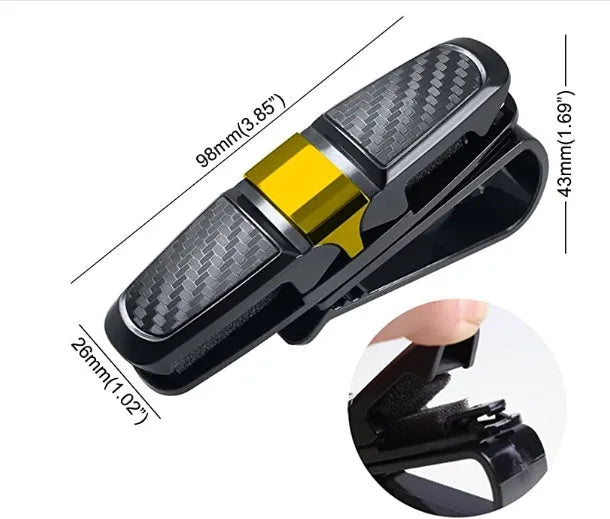 Car sun visor sunglasses clip with double clip carbon fibre finish and 180 degree rotation in silver