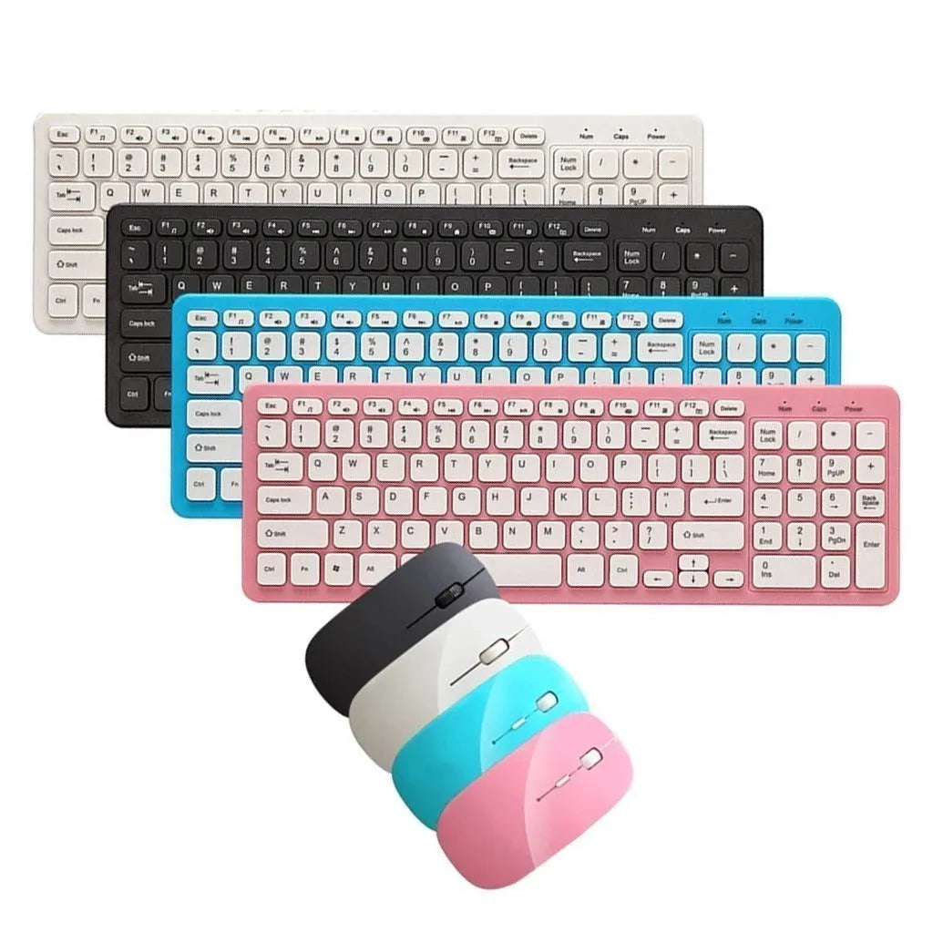 Black wireless keyboard and mouse set with 96 keys and a small USB receiver on a desk.